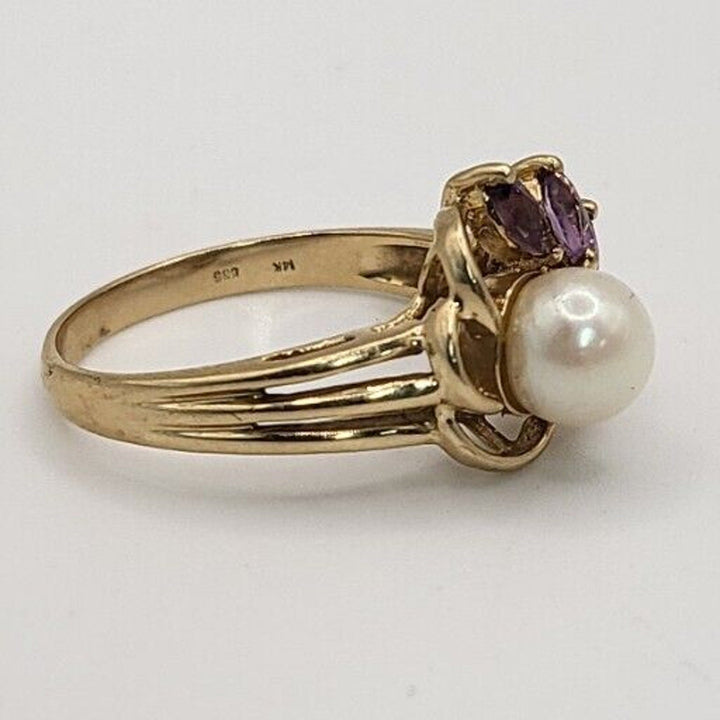 14K Yellow Gold Vintage Pearl Amethyst Diamond Ring - 3.8 gms, Sz 7.5