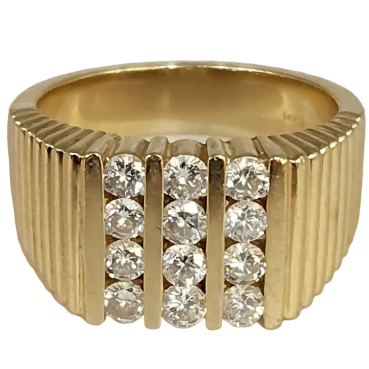 14k Yellow Gold Diamond Wide Ribbed Band Ring Multi Row Round Diamonds Ring