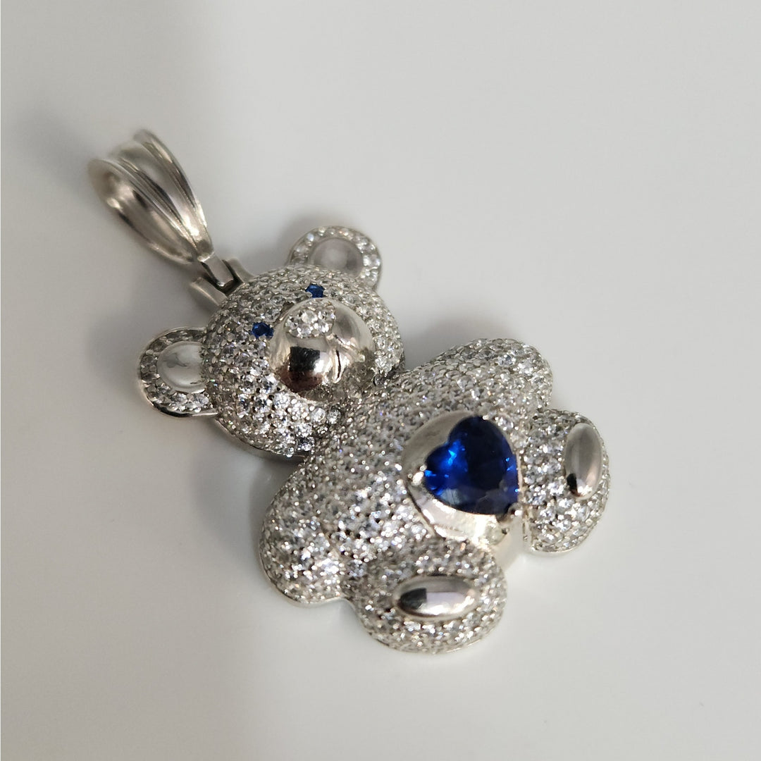 925 Sterling Silver Teddy Bear Pendant With Blue Heart Stone And CZ Accents