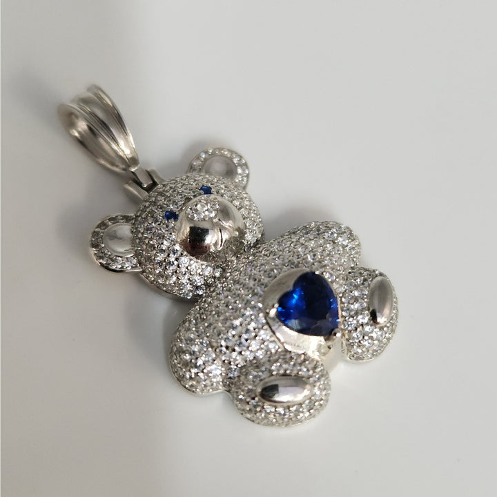 925 Sterling Silver Teddy Bear Pendant With Blue Heart Stone And CZ Accents