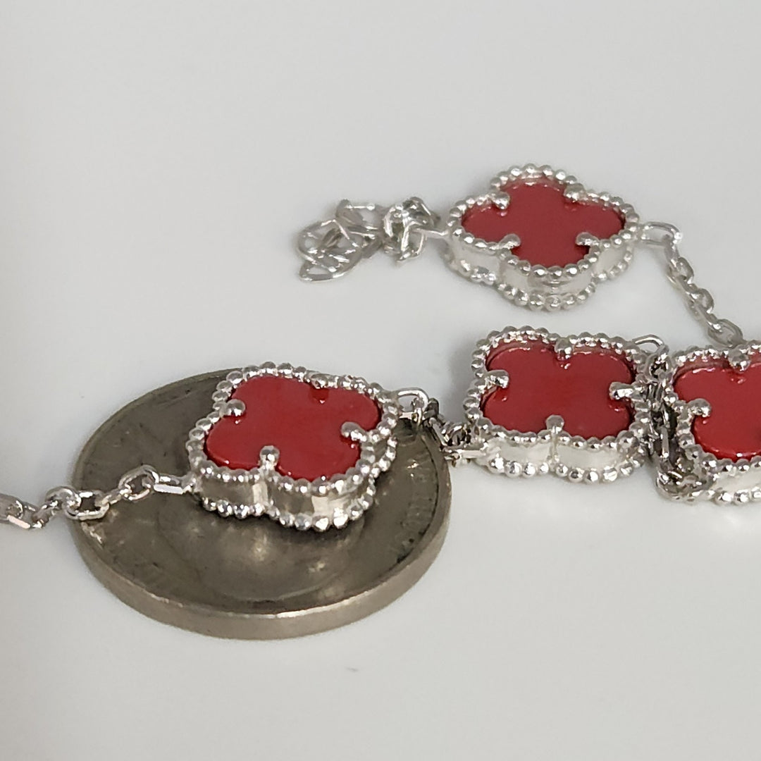 Elegant Silver Red Floral Charms Bracelet 7.5"