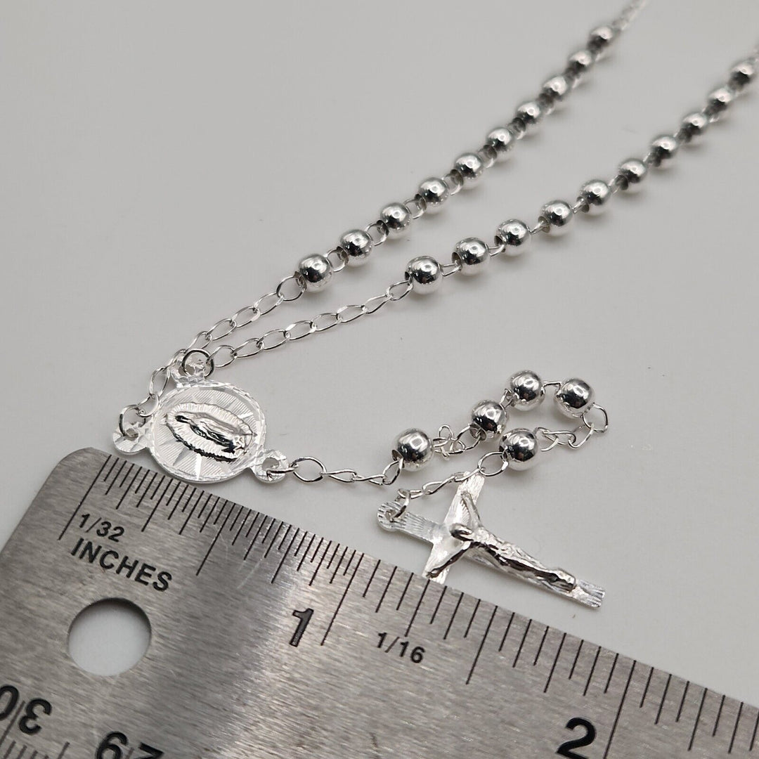Beautiful 925 Sterling Silver Rosary 4MM Necklace 24"