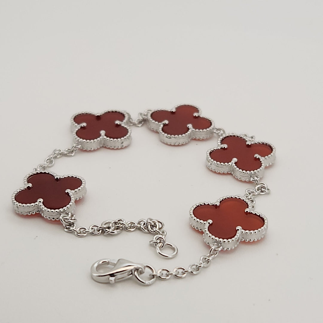 925 Sterling Silver Red Agate Flowers Bracelet 8.2"