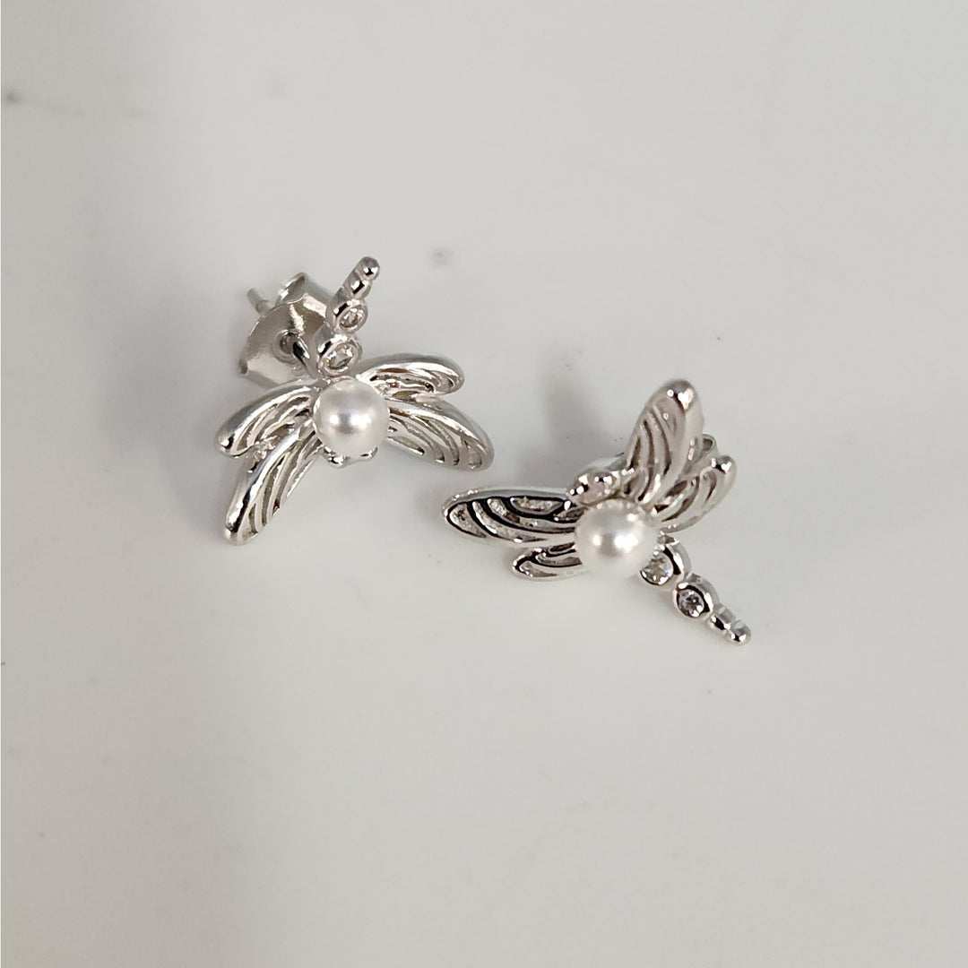 925 Sterling Silver Dragonfly Pearl stud earrings nature inspired vintage style