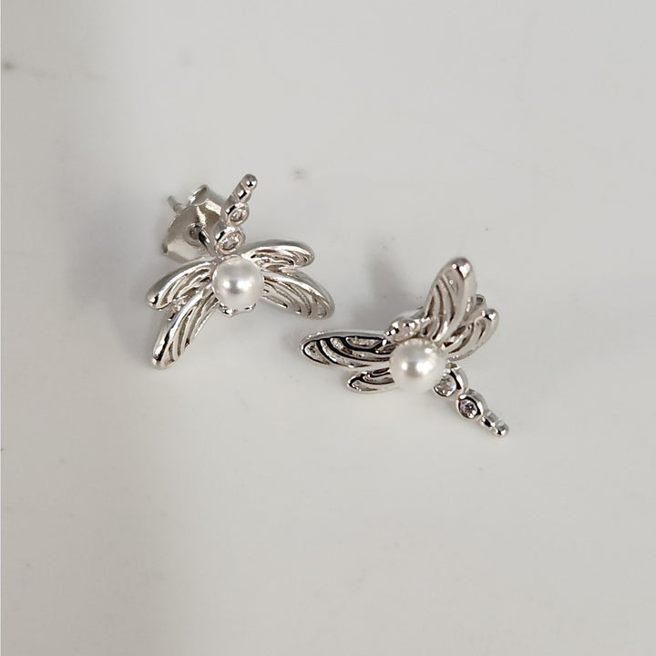 925 Sterling Silver Dragonfly Pearl stud earrings nature inspired vintage style