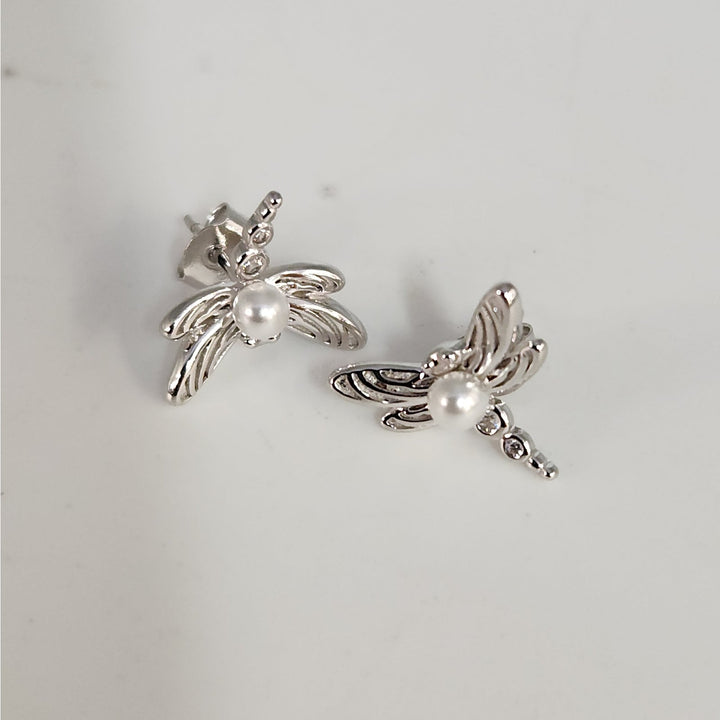 925 Sterling Silver Dragonfly Pearl stud earrings nature inspired vintage style