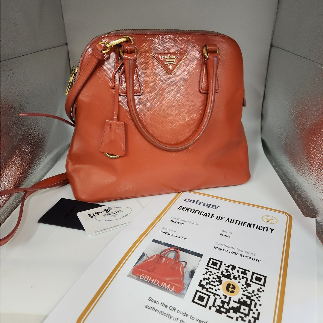Authentic Prada Orange Saffiano Vernic Handbag w/ Gold Hardware & Shoulder Strap