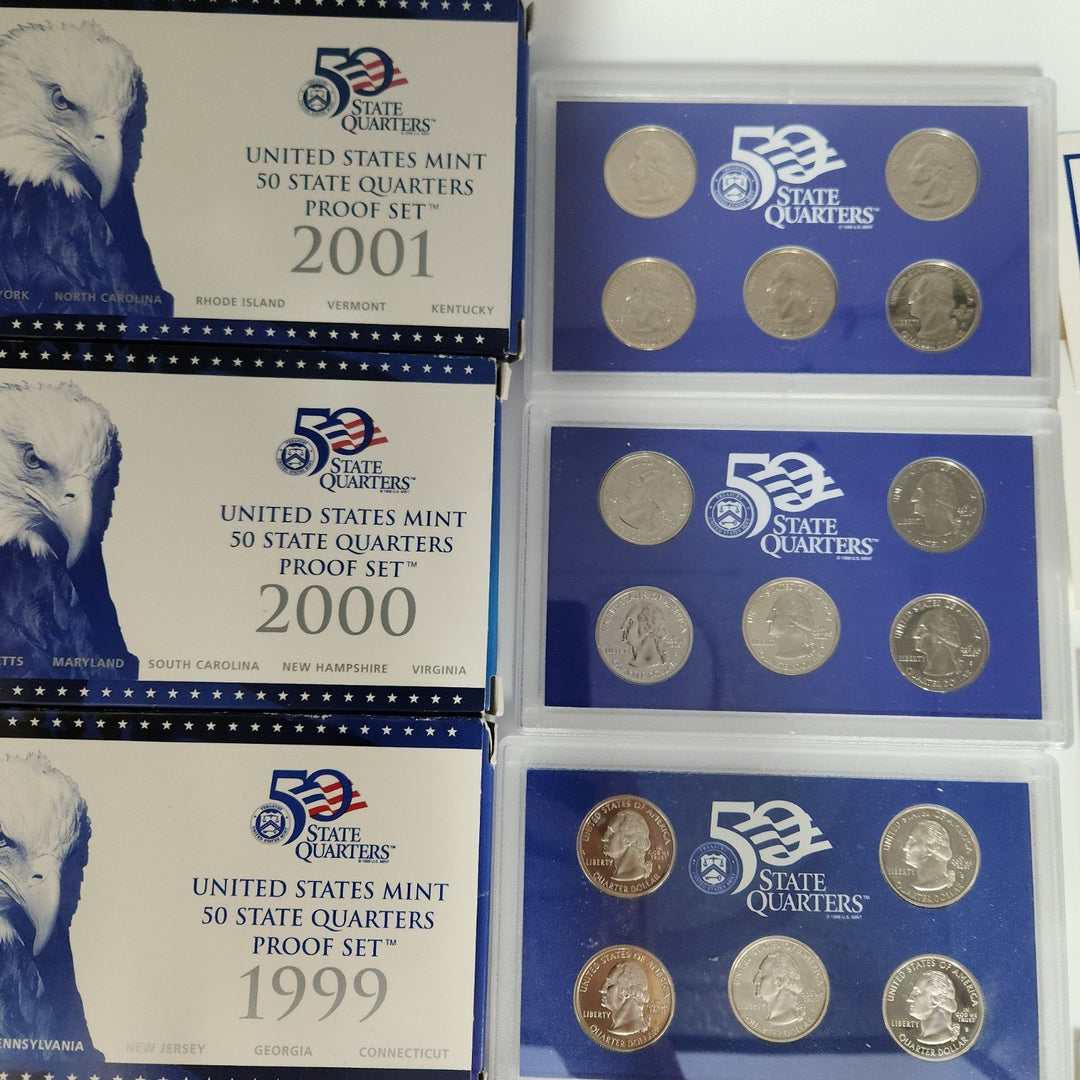 US Mint State Quarter Proof Sets 1999, 2000, 2001, 2003, 2005, 2008