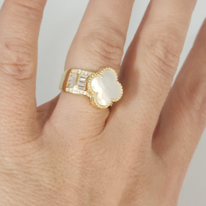 Gold Plated 925 Silver Clover Ring With White Mother Of Pearl Style Stone And...
