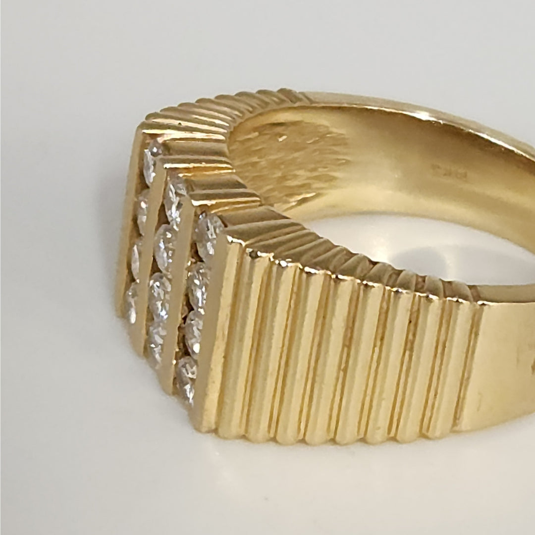 14k Yellow Gold Diamond Wide Ribbed Band Ring Multi Row Round Diamonds Ring