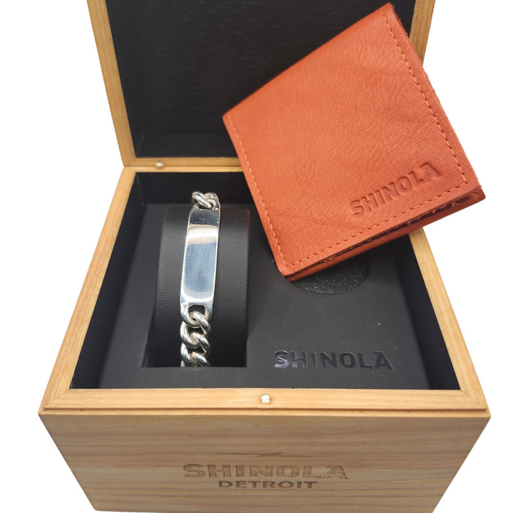 Shinola Detroit Bike Lock ID Bracelet Sterling Silver 925 w/ Wooden Box