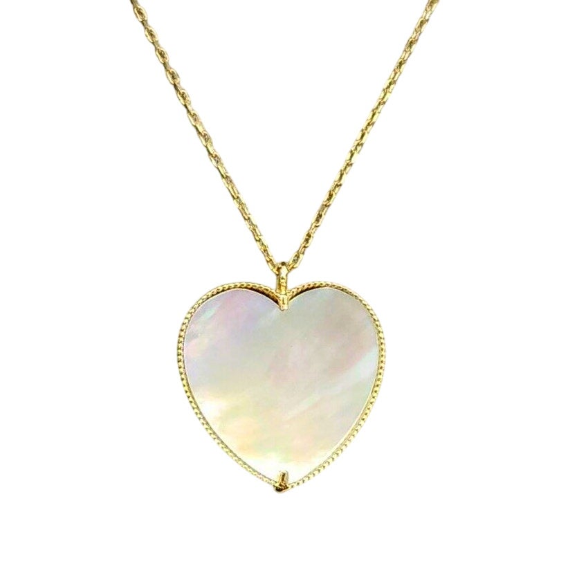 14k Yellow Gold Mother Of Pearl Heart Pendant Necklace 18"