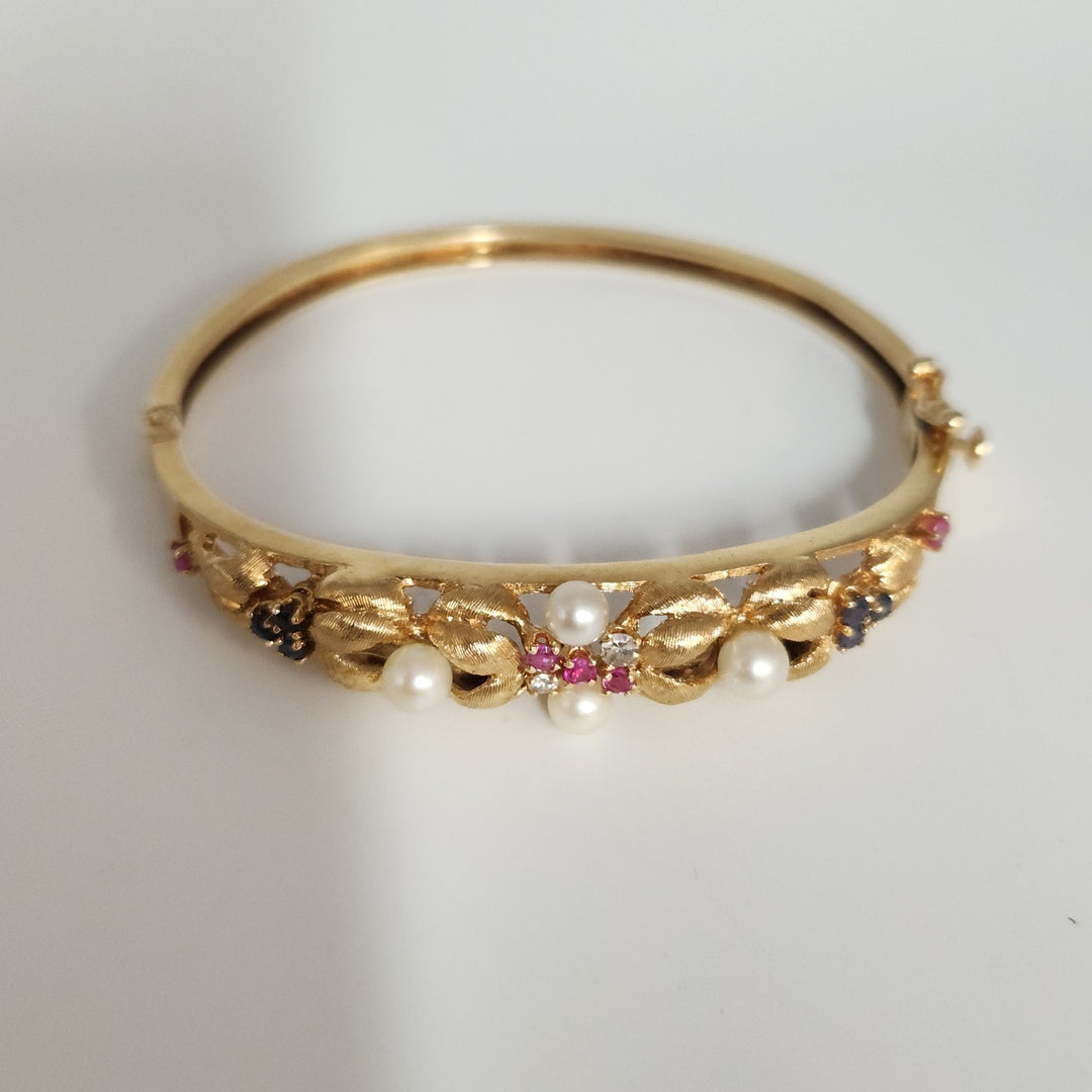 Antique 14k Yellow Gold Diamond,Pearls,Ruby &Sapphire Bangle Bracelets