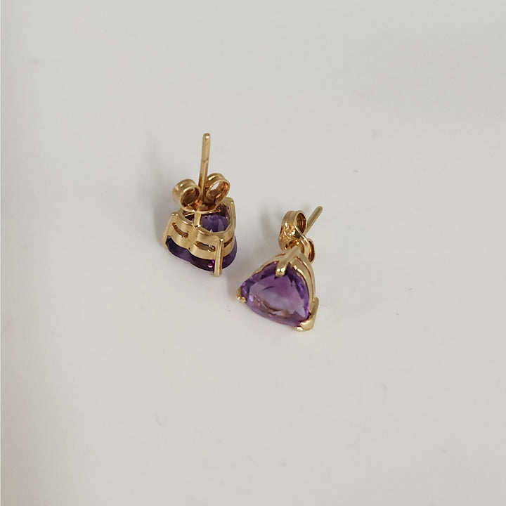 14k Yellow Gold Natural Amethyst Hearts Stud Earrings