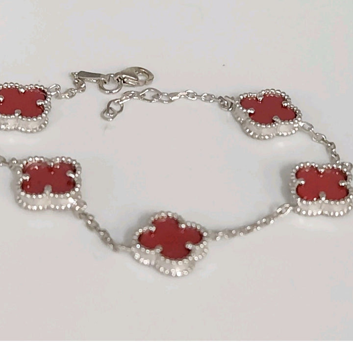 Elegant Silver Red Floral Charms Bracelet 7.5"