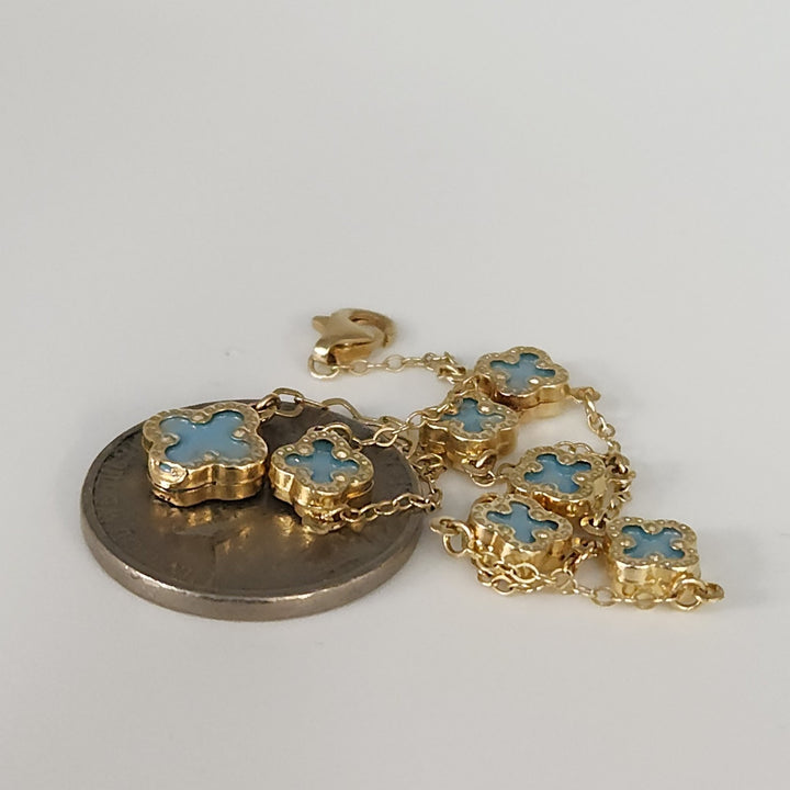 14k Yellow Gold Fashion Blue Flowers Bracelet 7.5"