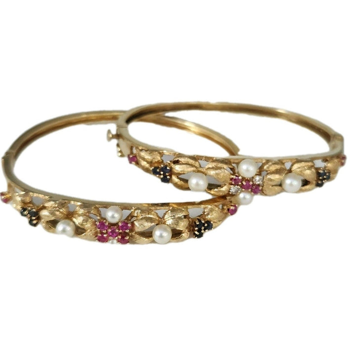 Set Of Antique 14k Yellow Gold Diamond,Pearls,Ruby &Sapphire Bangle Bracelets