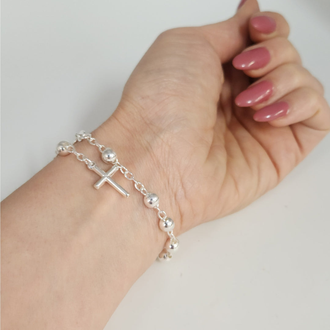 925 Sterling Silver Rosary Bead Cross Bracelet 7.5"