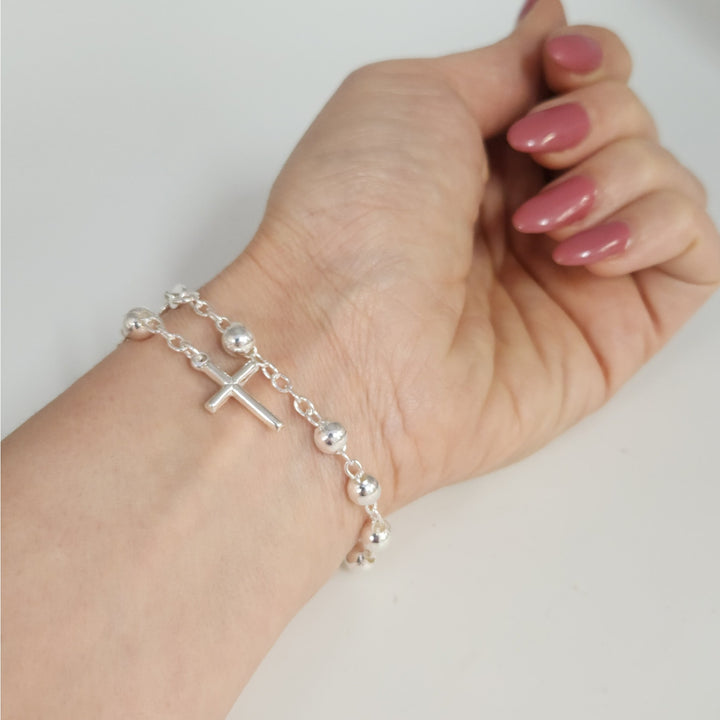 925 Sterling Silver Rosary Bead Cross Bracelet 7.5"