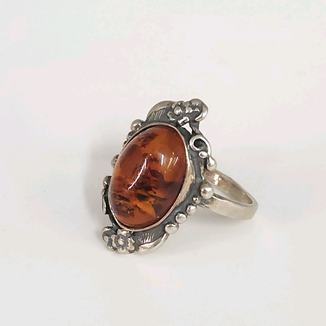 Vintage Sterling Silver Ornate Ring With Large Oval Amber Stone Handmade Floral