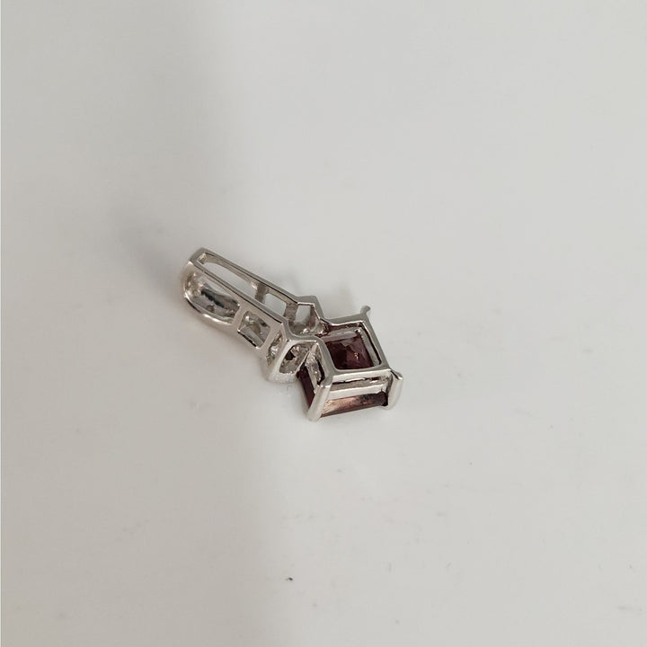 14k White Gold Natural Garnet & Diamond Pendant Princess Cut