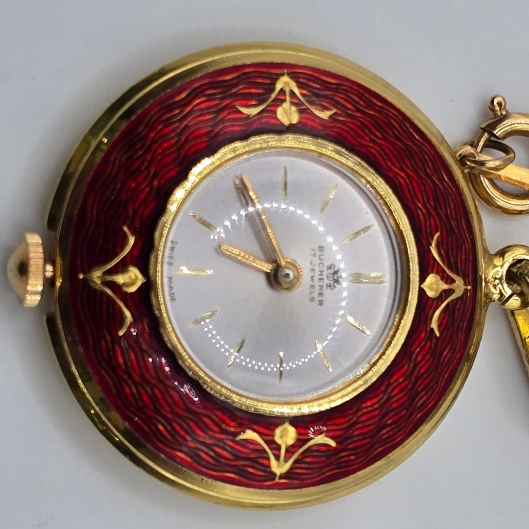 Vintage Bucherer 17 Jewel Swiss Red Enamel Pendant Watch w/ Chain