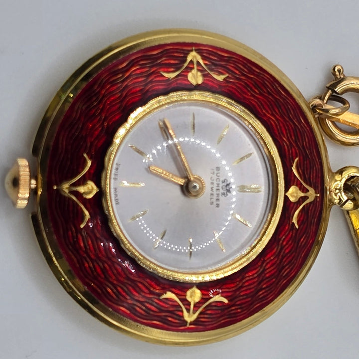 Vintage Bucherer 17 Jewel Swiss Red Enamel Pendant Watch w/ Chain