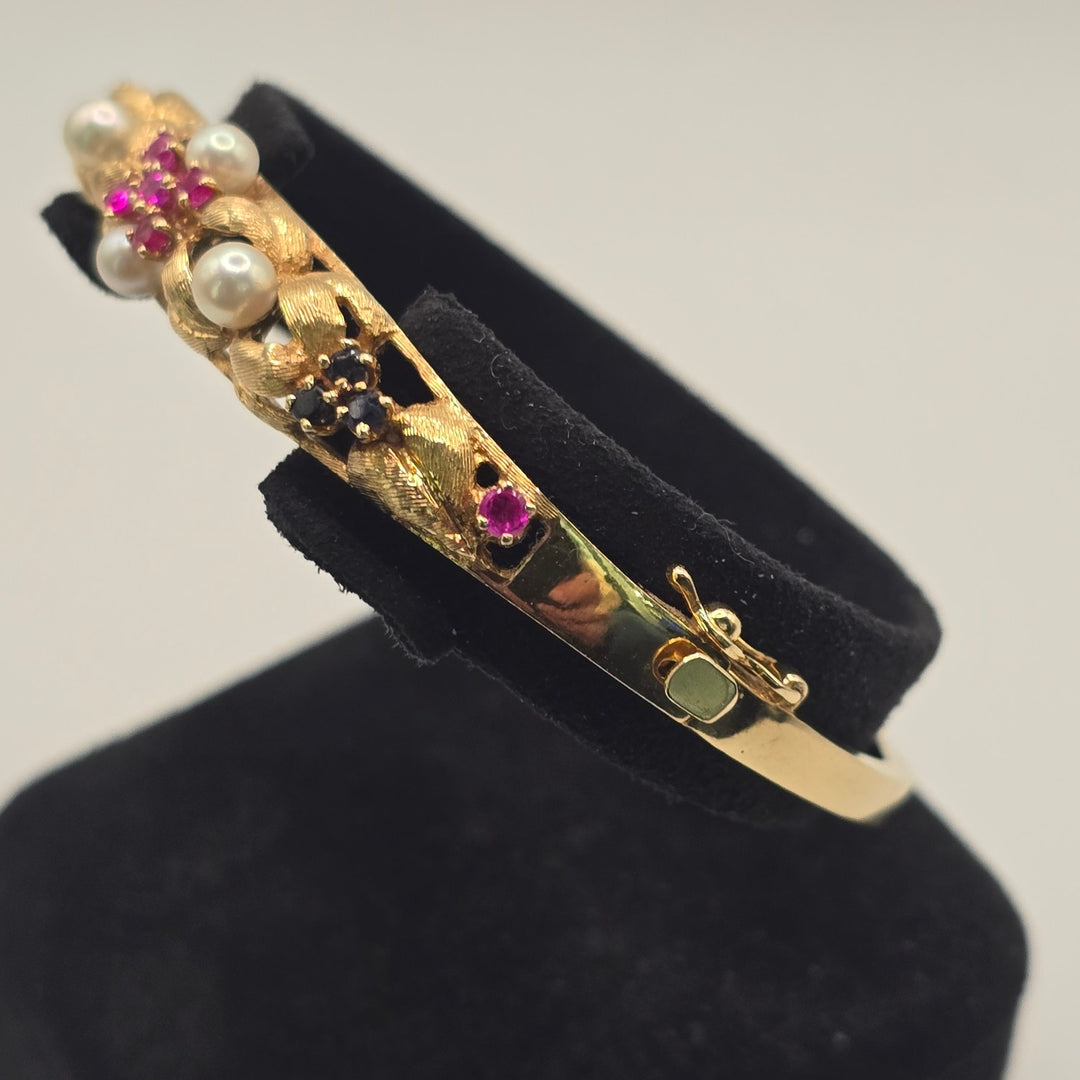 Vintage 14K Yellow Gold Pearl Ruby Sapphire Floral Hinged Bangle 15.6g