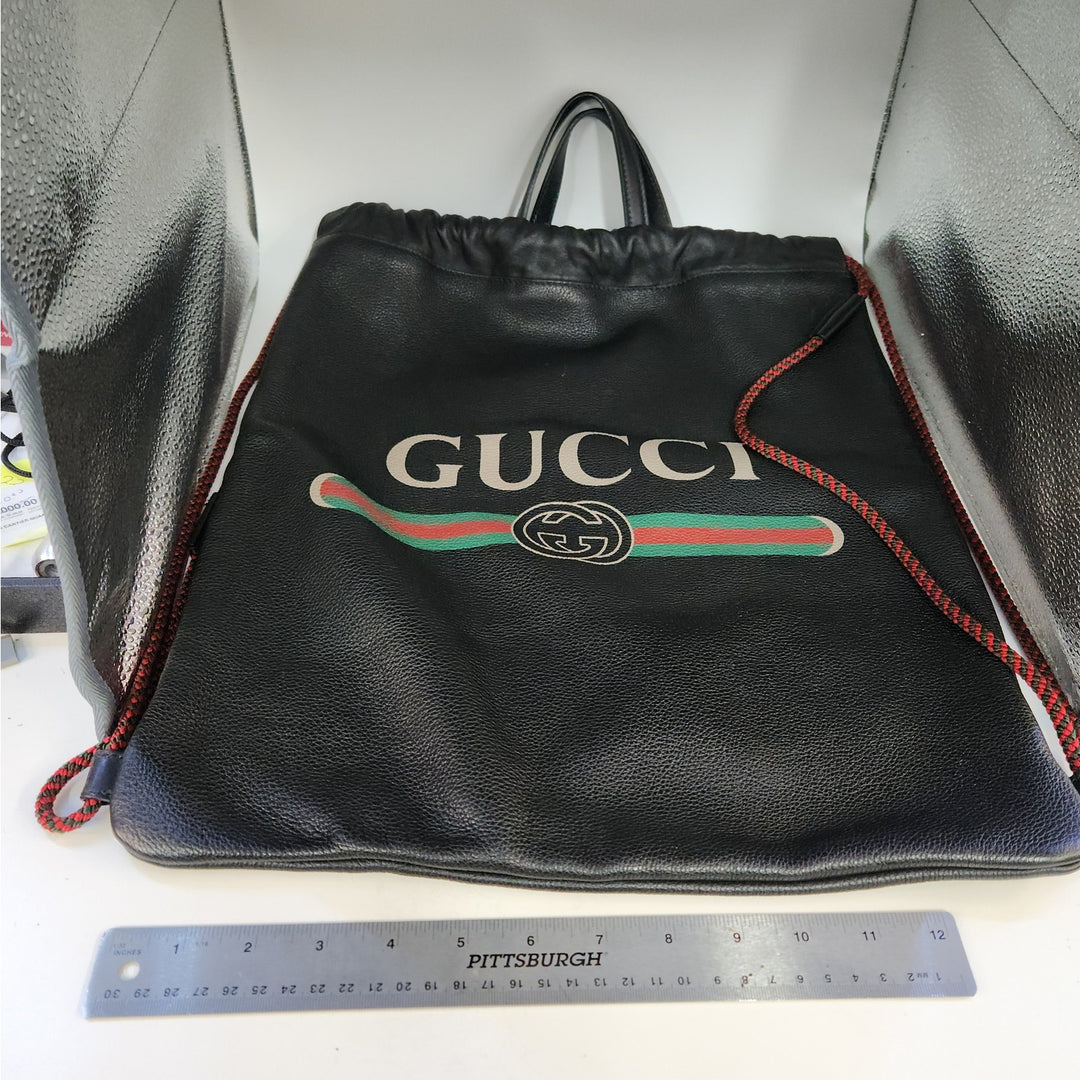 Gucci Black Drawstring Backpack Bag Red Green Accents