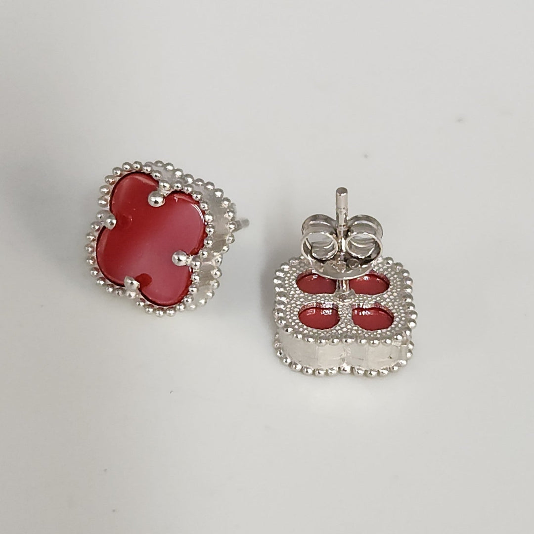 Fashion Silver Red Floral Stud Earrings