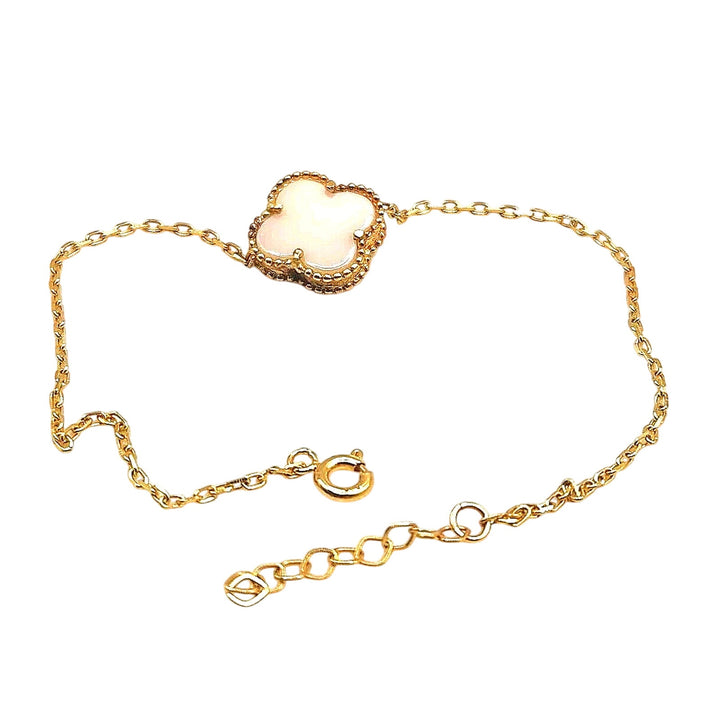 14k Yellow Gold double Face Mother Of Pearl Chain Clover Flower Bracelet 8"