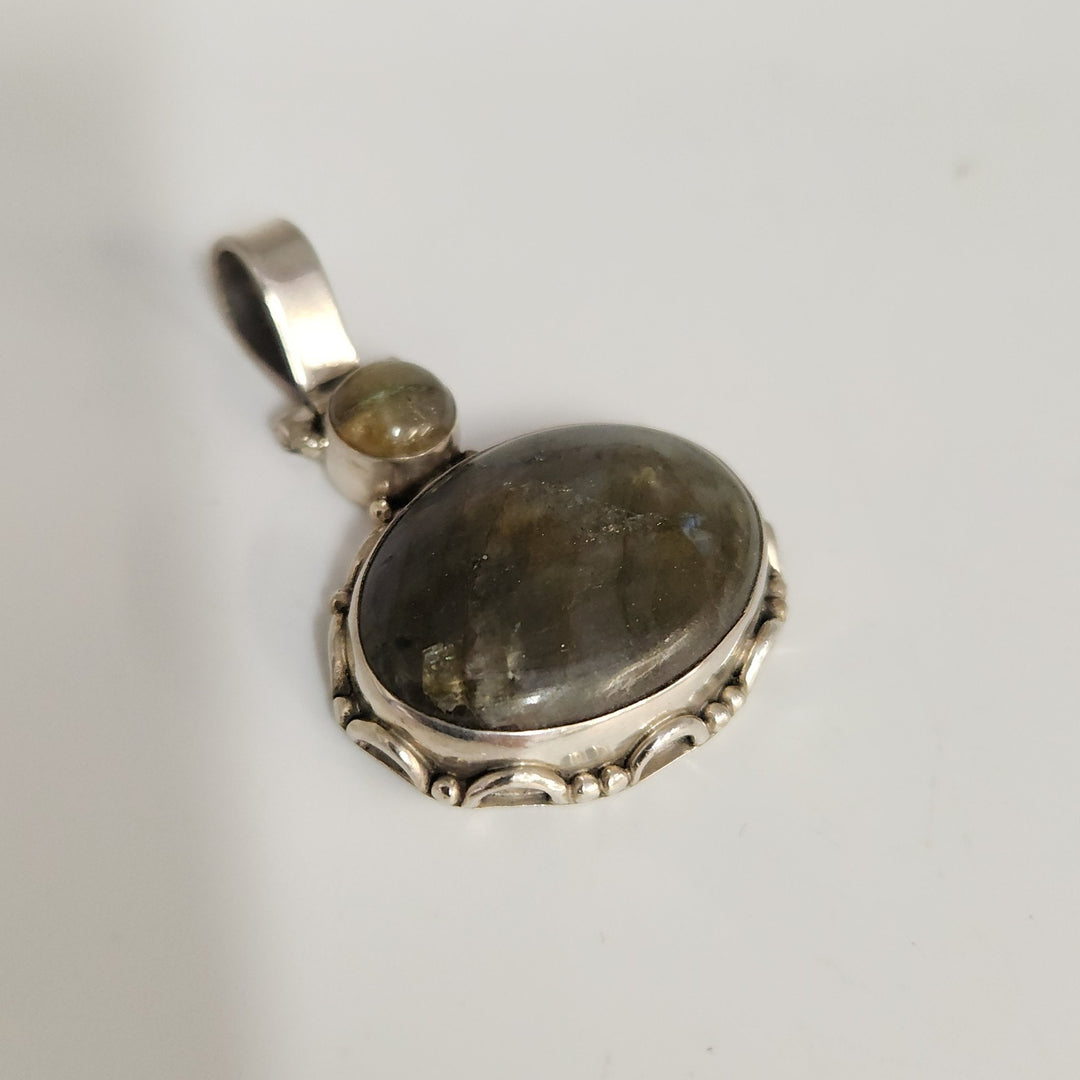 925 Sterling Silver Labradorite And Yellow Tourmaline Pendant Artisan Vintage