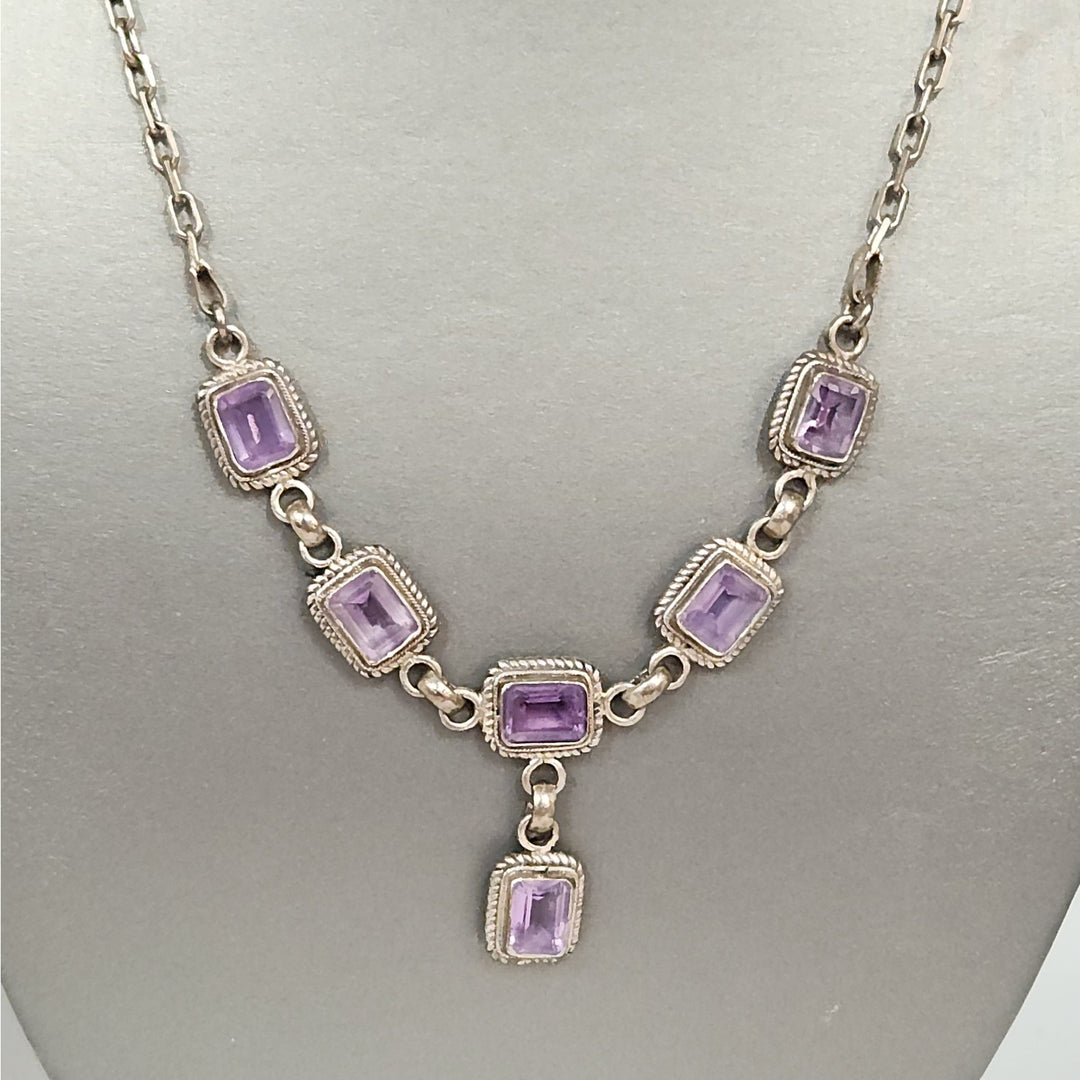 Vintage 925 Sterling Silver Natural Rectangular Purple Amethyst Necklace 19"