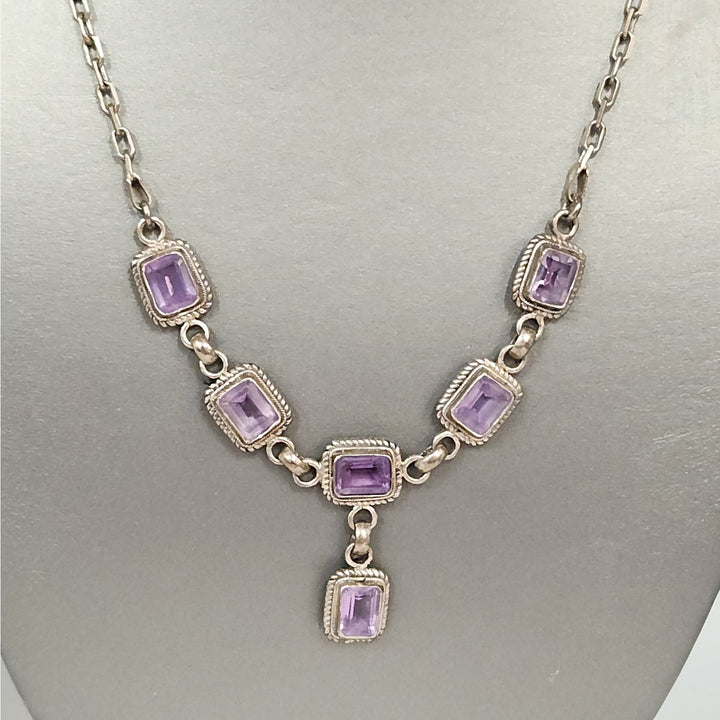 Vintage 925 Sterling Silver Natural Rectangular Purple Amethyst Necklace 19"