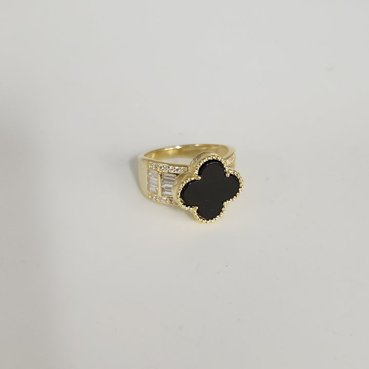 Luxury 925 Silver Gold Plated Onyx Clover Ring With Zirconia Stones Size 6