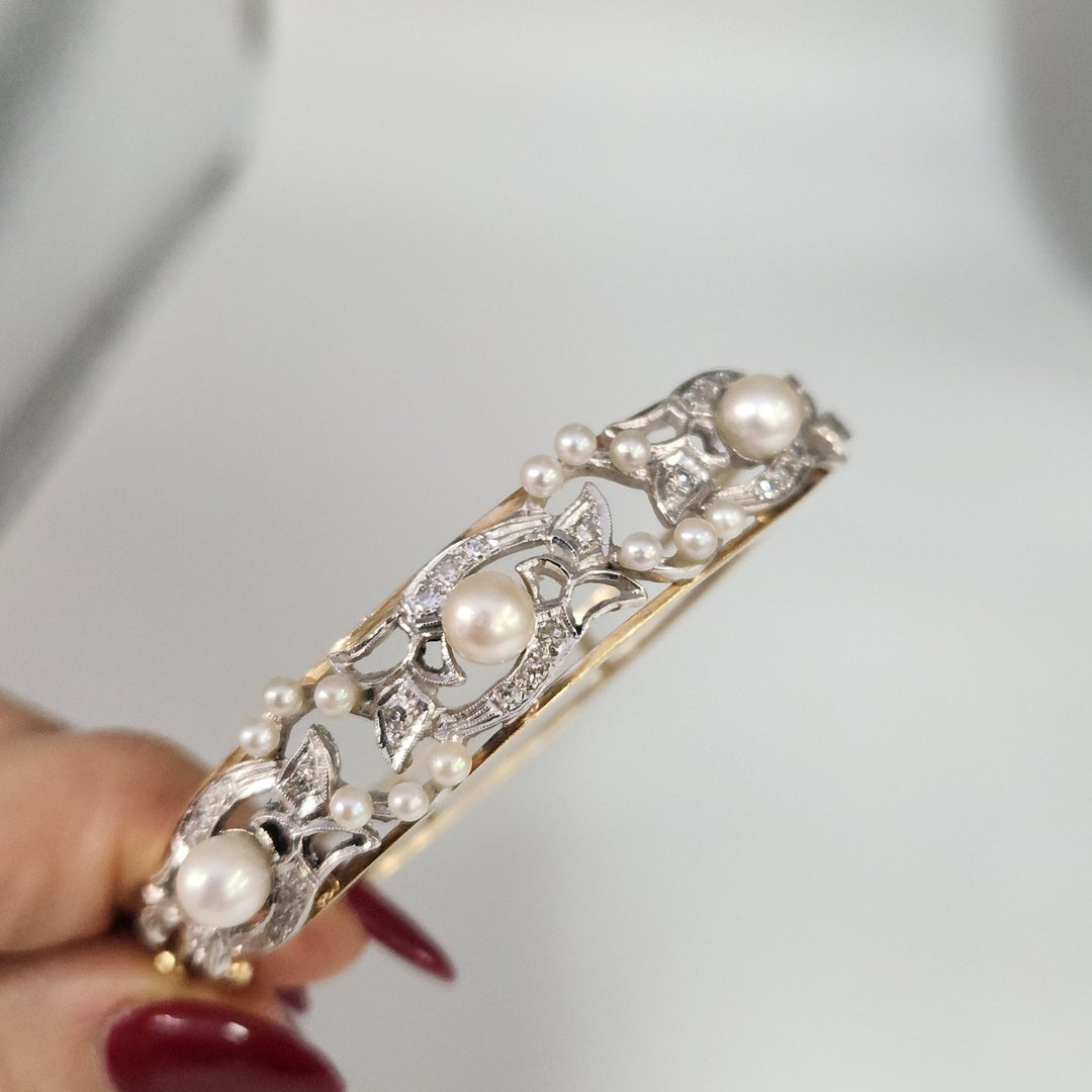 Vintage 14k Two Tone Gold Diamond Pearls Bangle Bracelet