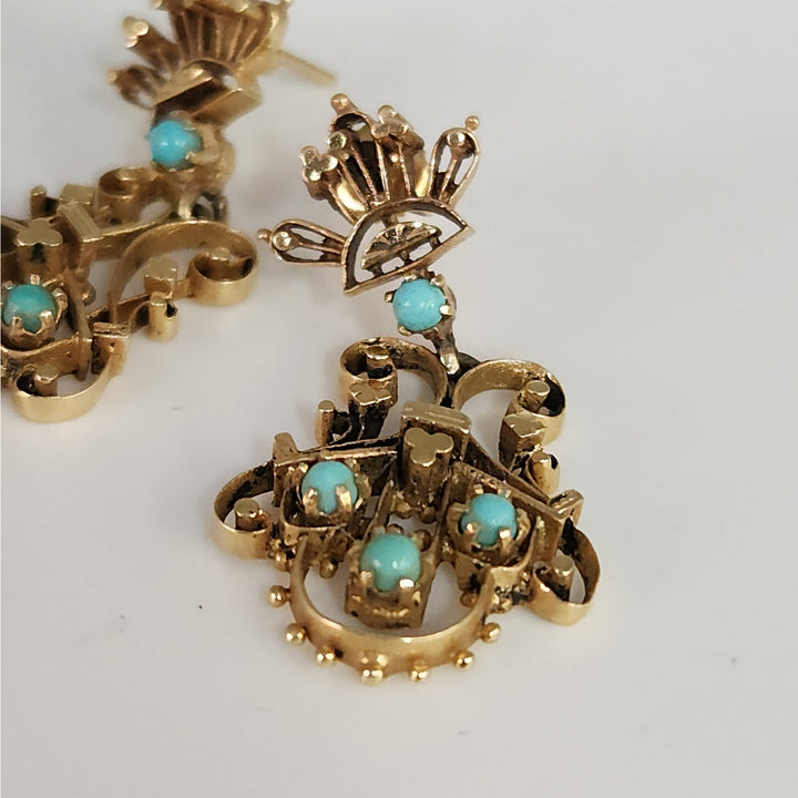 Vintage 14k Yellow Gold & blue Turquoise chandelier Stud Earrings