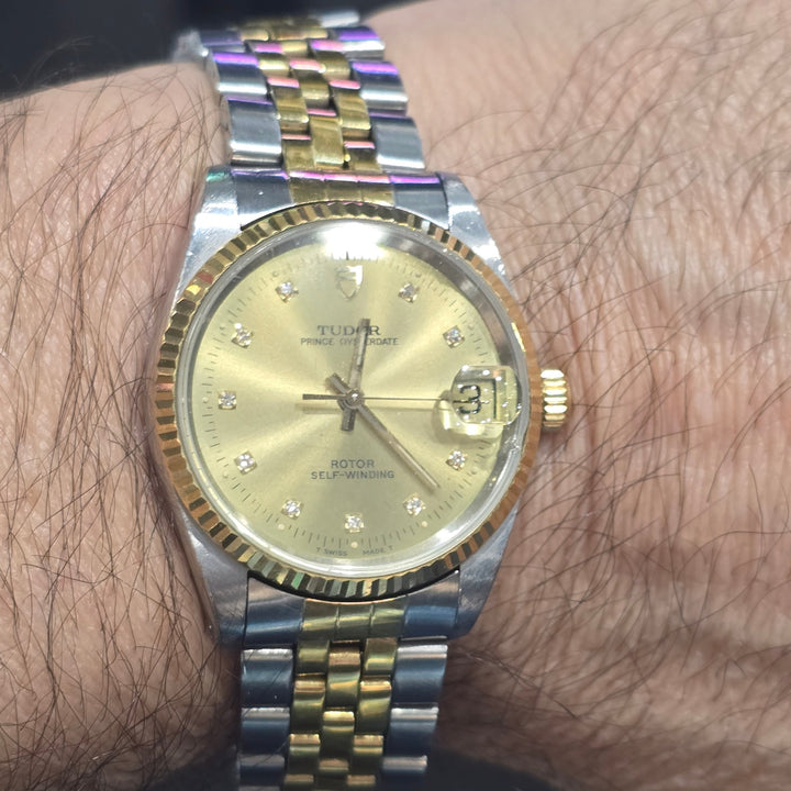 Vintage Tudor Prince Oysterdate 72033 18K Gold Bezel Diamond Dial Circa 1995