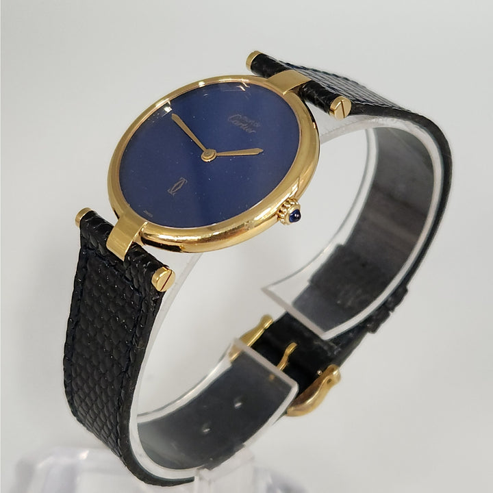 Must de Cartier 30MM Blue Dial Quartz Watch 925 Sterling Silver Gold Plated