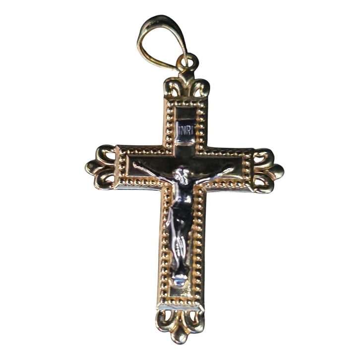 10K Two-Tone Gold Crucifix Cross Pendant INRI Jesus Charm 2.5g Religious Jewelry