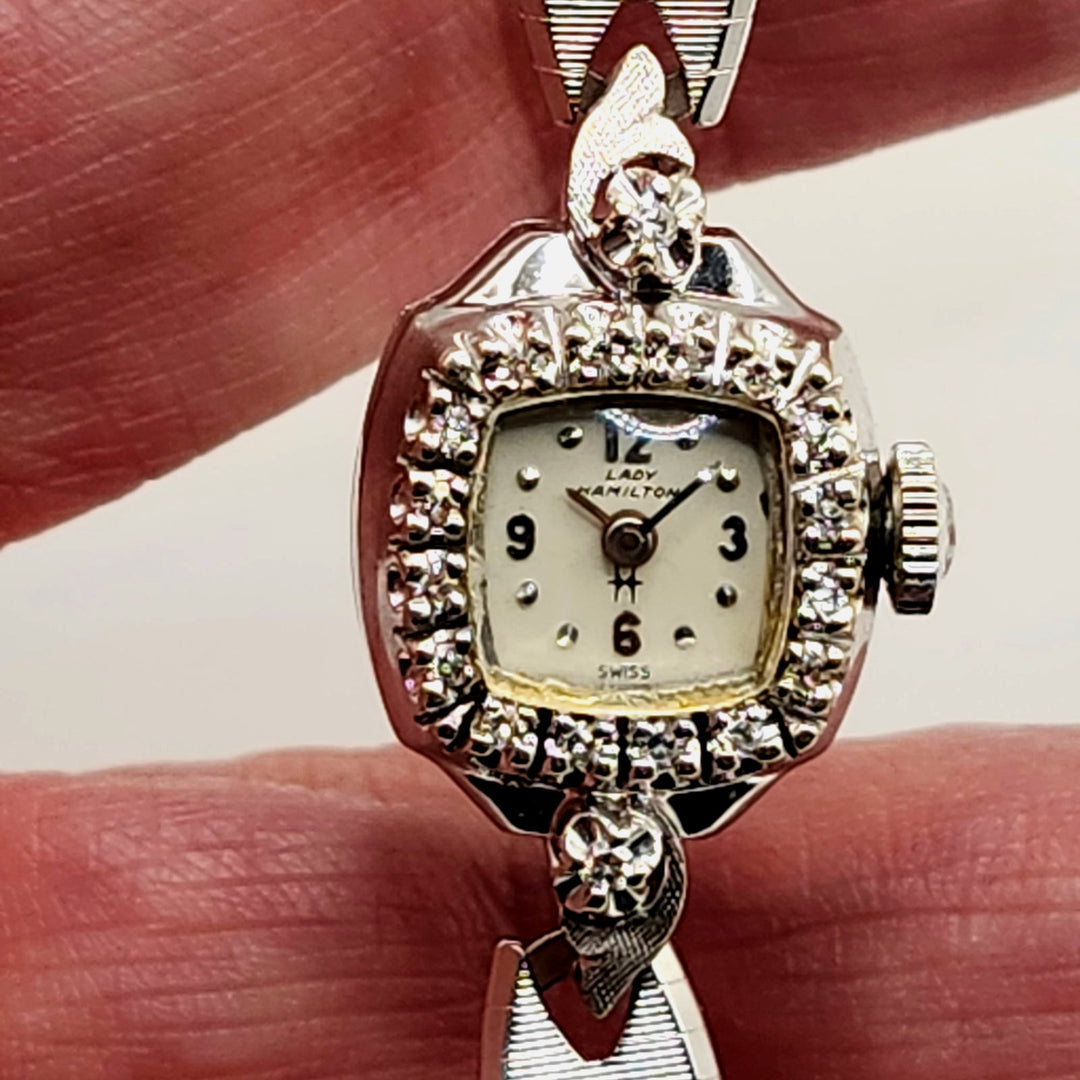 Vintage Lady Hamilton 14K White Gold Diamond Bezel Cocktail Watch (Non-Working)