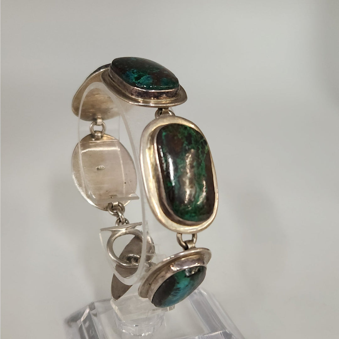 Vintage 925 Sterling Silver Natural Chrysocolla large Gemstones Bracelet 7.5" -68g