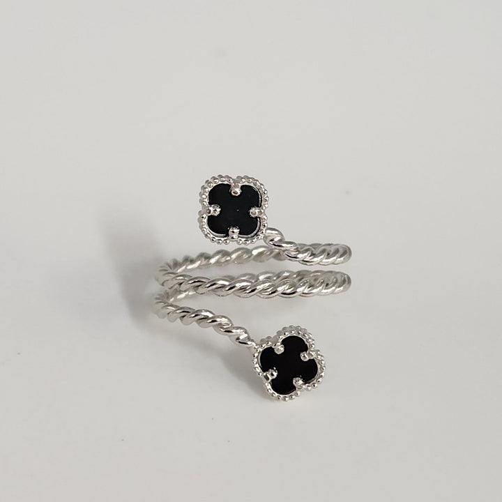 Elegant Silver Double Onyx Clover Adjustable Ring