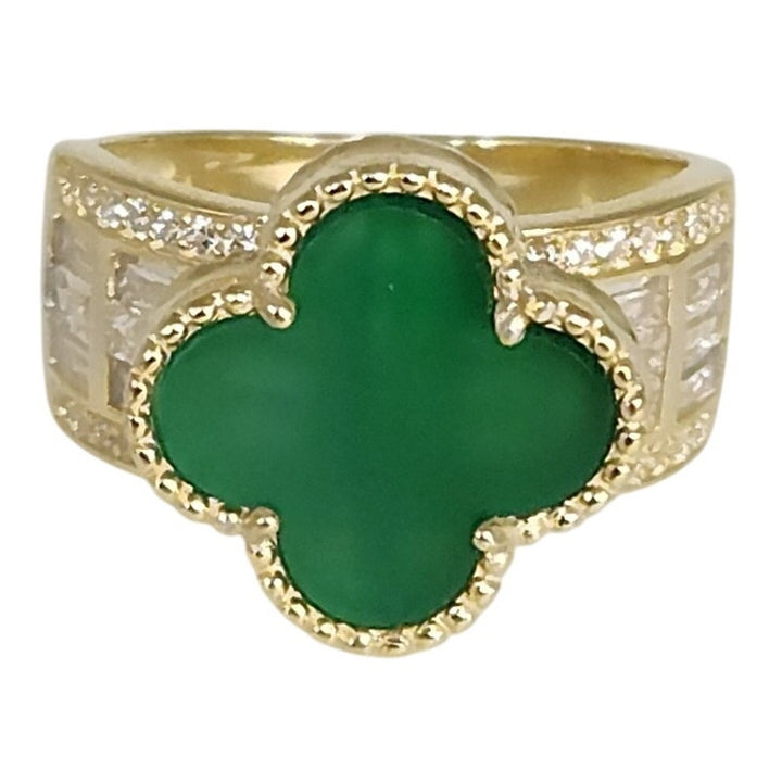Luxury Gold Plated 925 Silver Clover Ring With Natural Malachite And Zirconia...