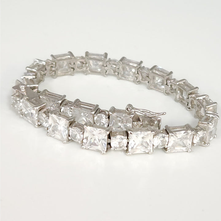 925 Sterling Silver Cubic Zirconia Tennis Bracelet Princess and Round -Cut 7"