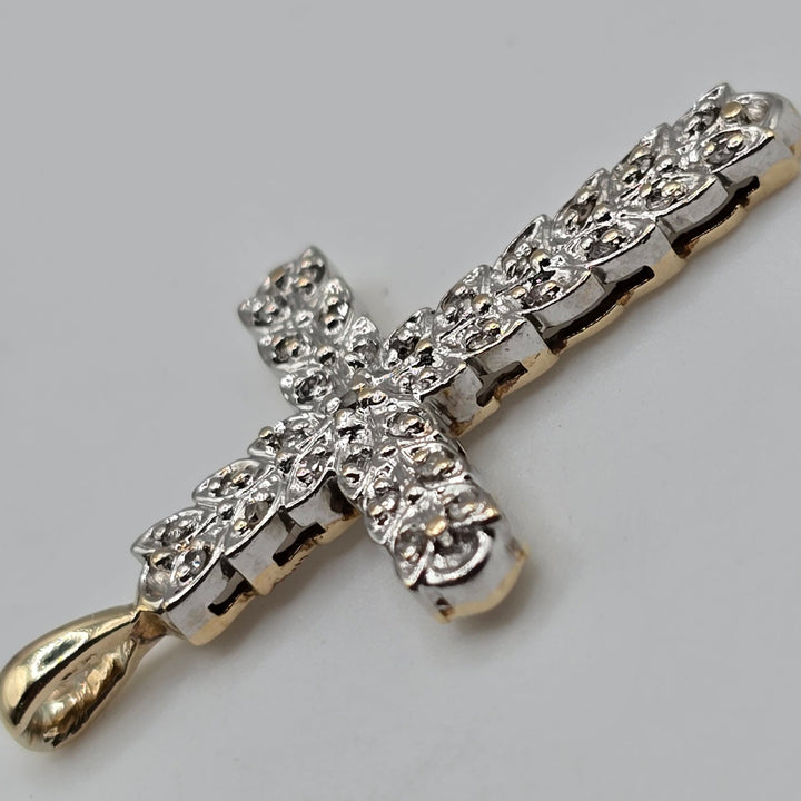 10K Yellow & White Gold Diamond Cross Pendant 2.2 Grams