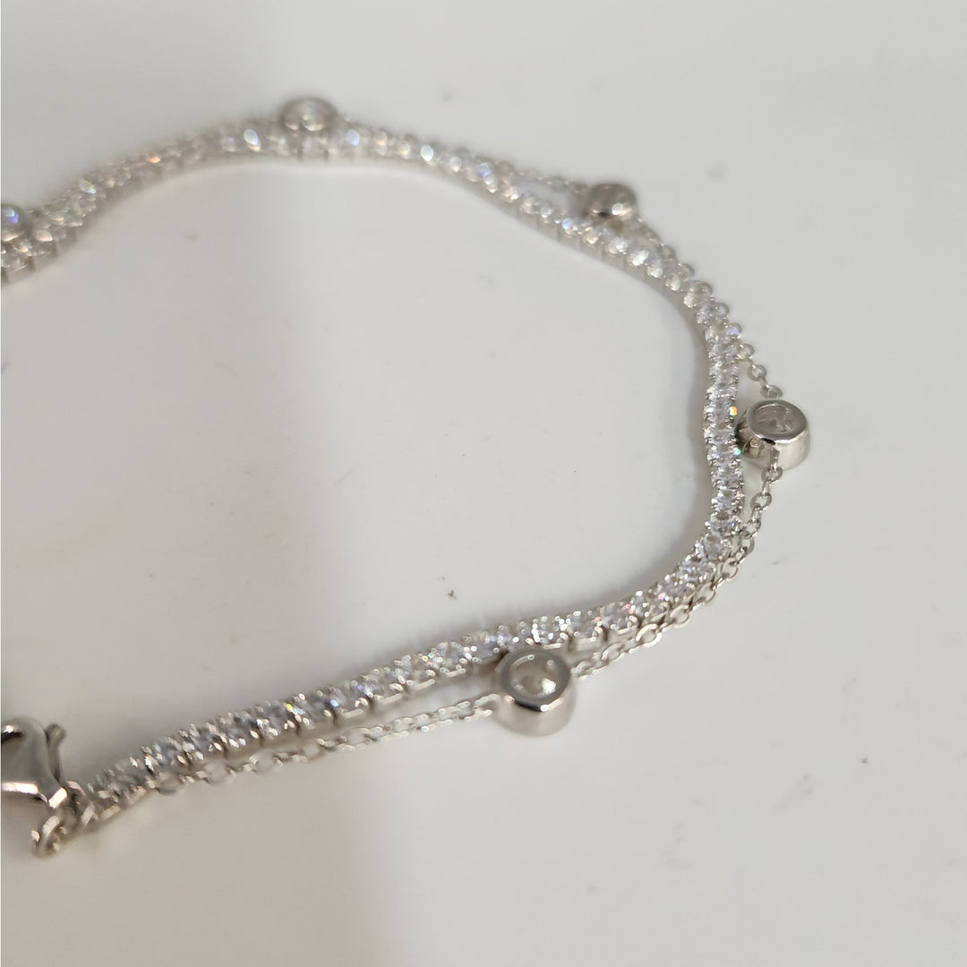 925 Sterling Silver Double layer Tennis & Bezel Set CZ bracelet 8"