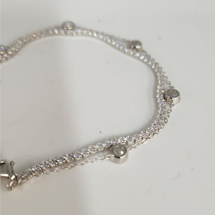925 Sterling Silver Double layer Tennis & Bezel Set CZ bracelet 8"