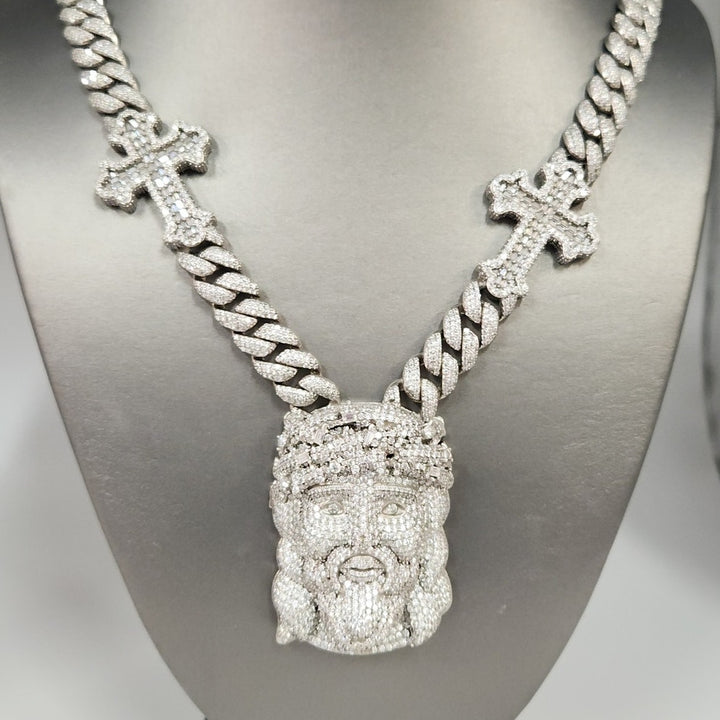 22" 925 Sterling Silver Iced Cuban Link Chain Jesus Head & Double Cross Pendants