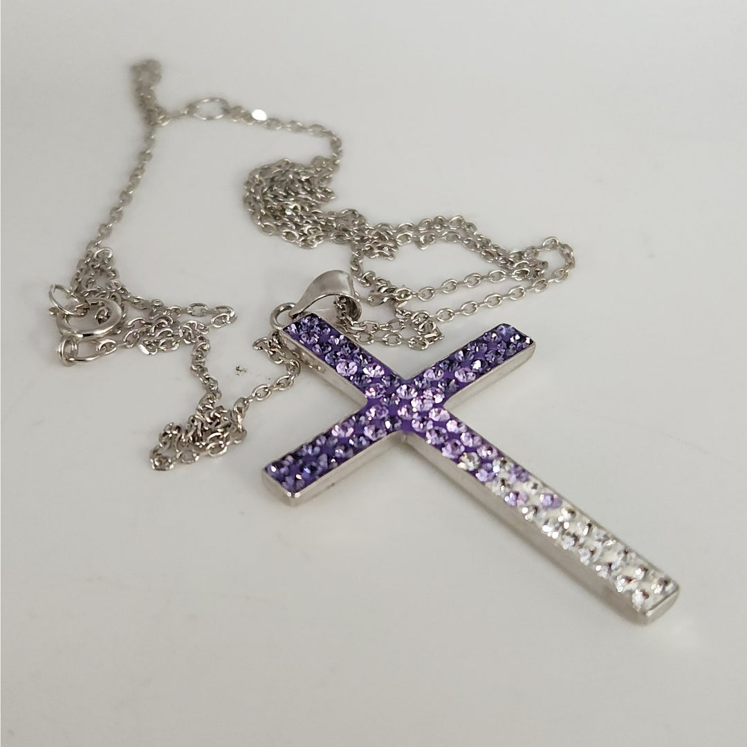 925 Sterling Silver Purple & White Crystal Cross Pendant Necklace18"